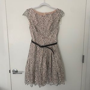 Eliza J Belted Fit And Flare Lace Overlay Dress